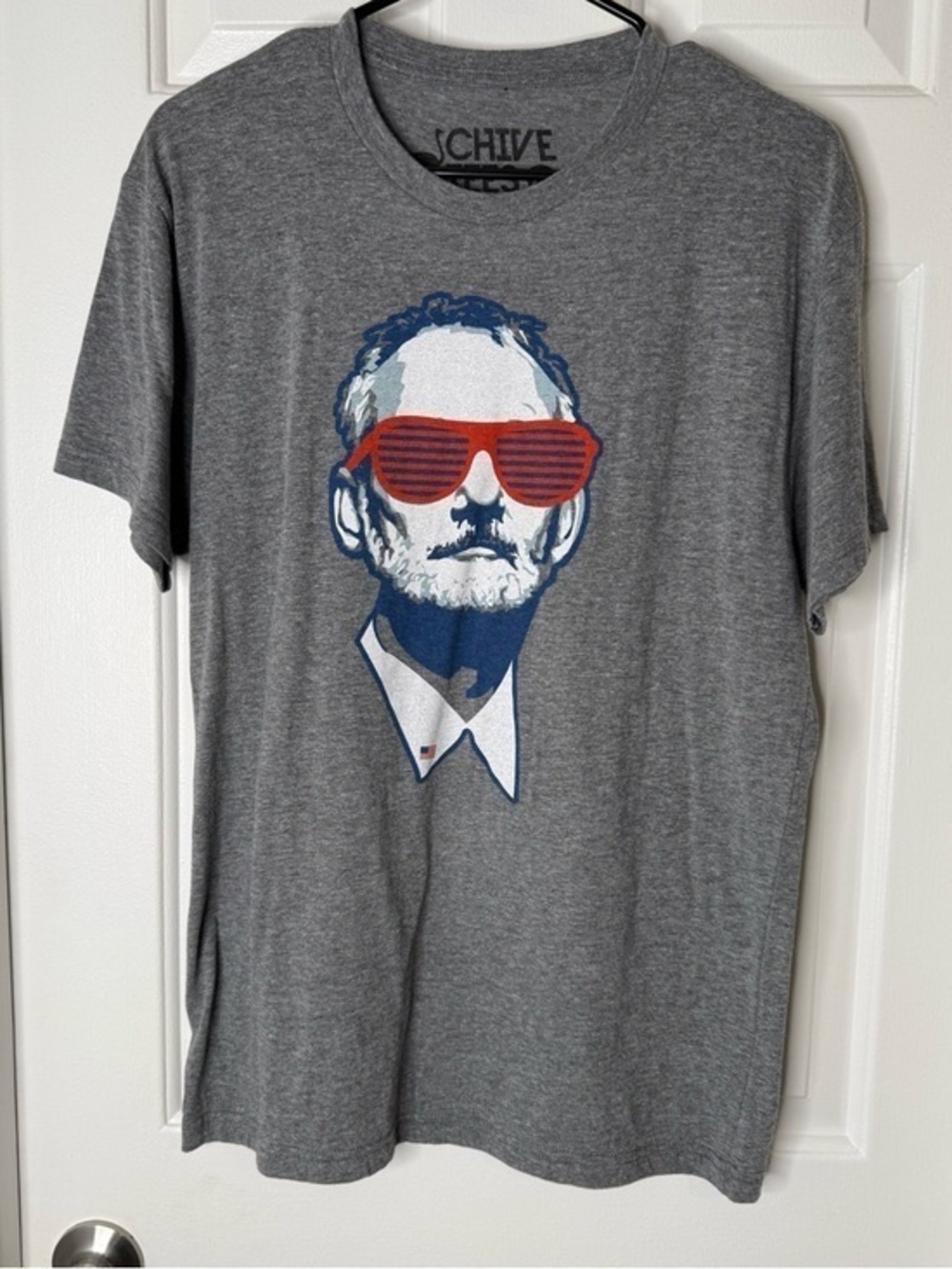 Chive Tees Gray Short-Sleeve Graphic Tee Red & Blue Print- Bill Murray USA Flag